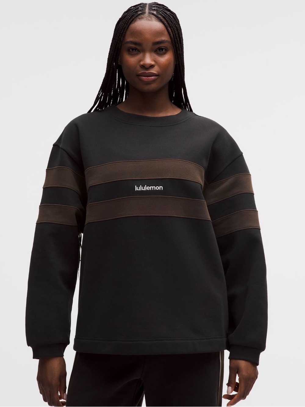 lululemon athletica Black Crewneck Sweatshirt with Brown Stripes